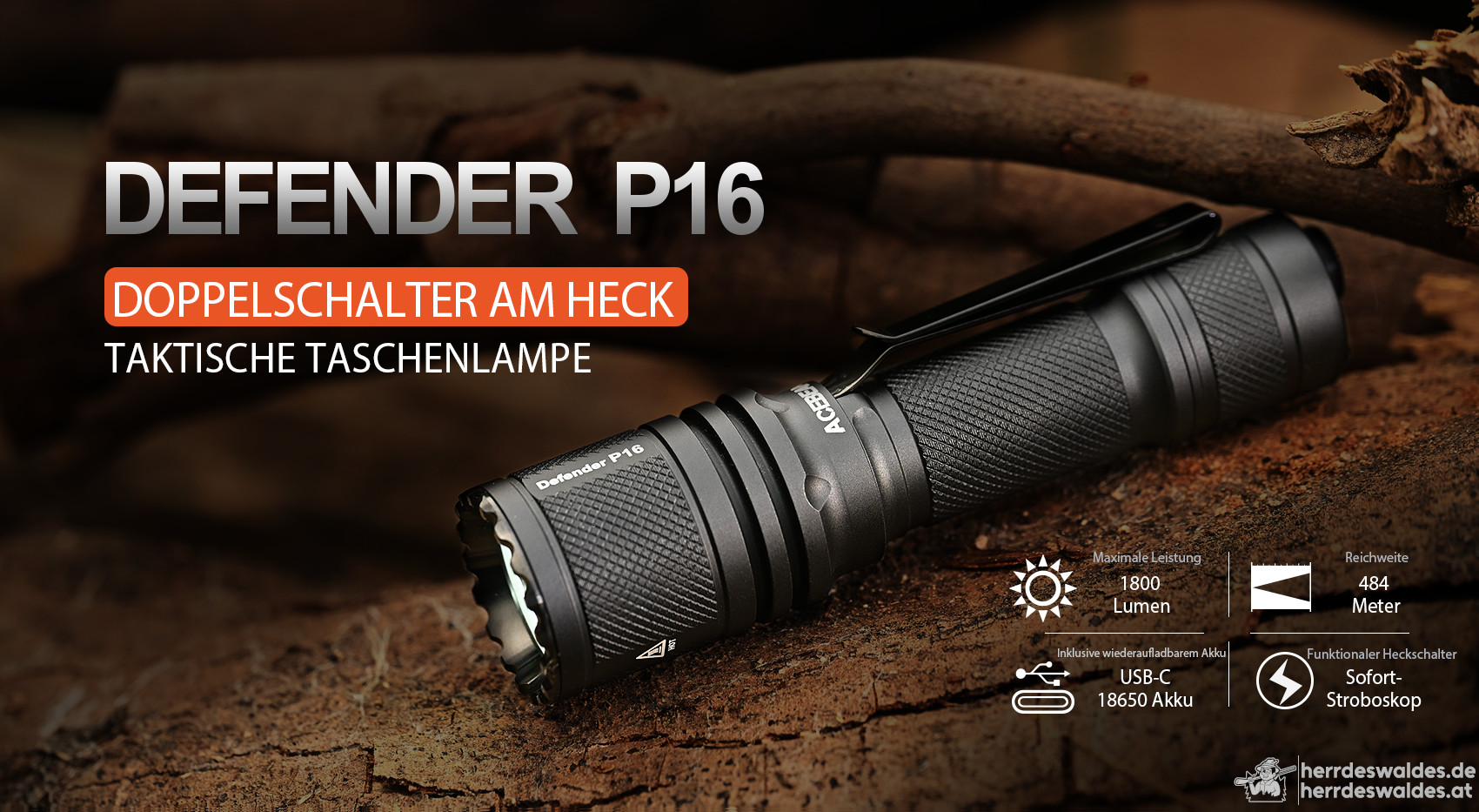 AceBeam Defender P16, 1800 lm, Schwarz – Taktische LED-Taschenlampe