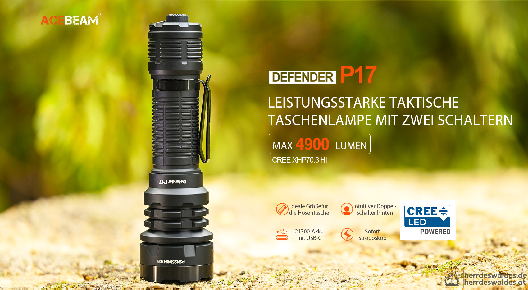 AceBeam Defender P17, 4900 lm, Schwarz – Taktische LED-Taschenlampe
