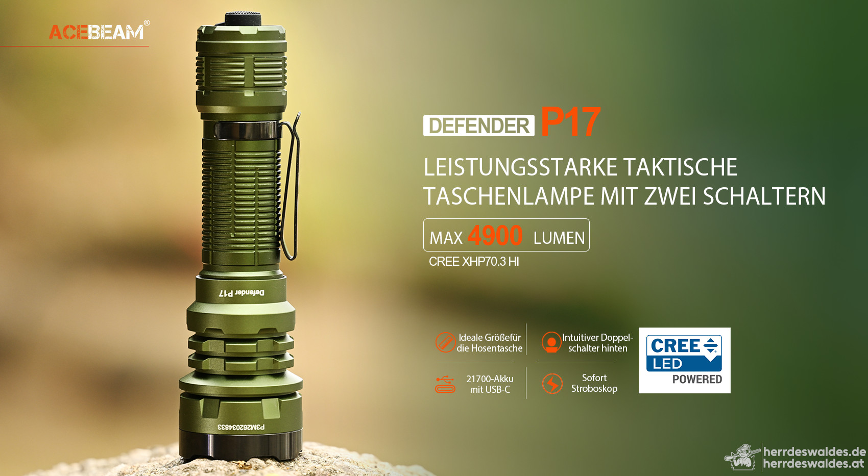 AceBeam Defender P17, 4900 lm, Dunkelgrün – Taktische LED-Taschenlampe, Grün