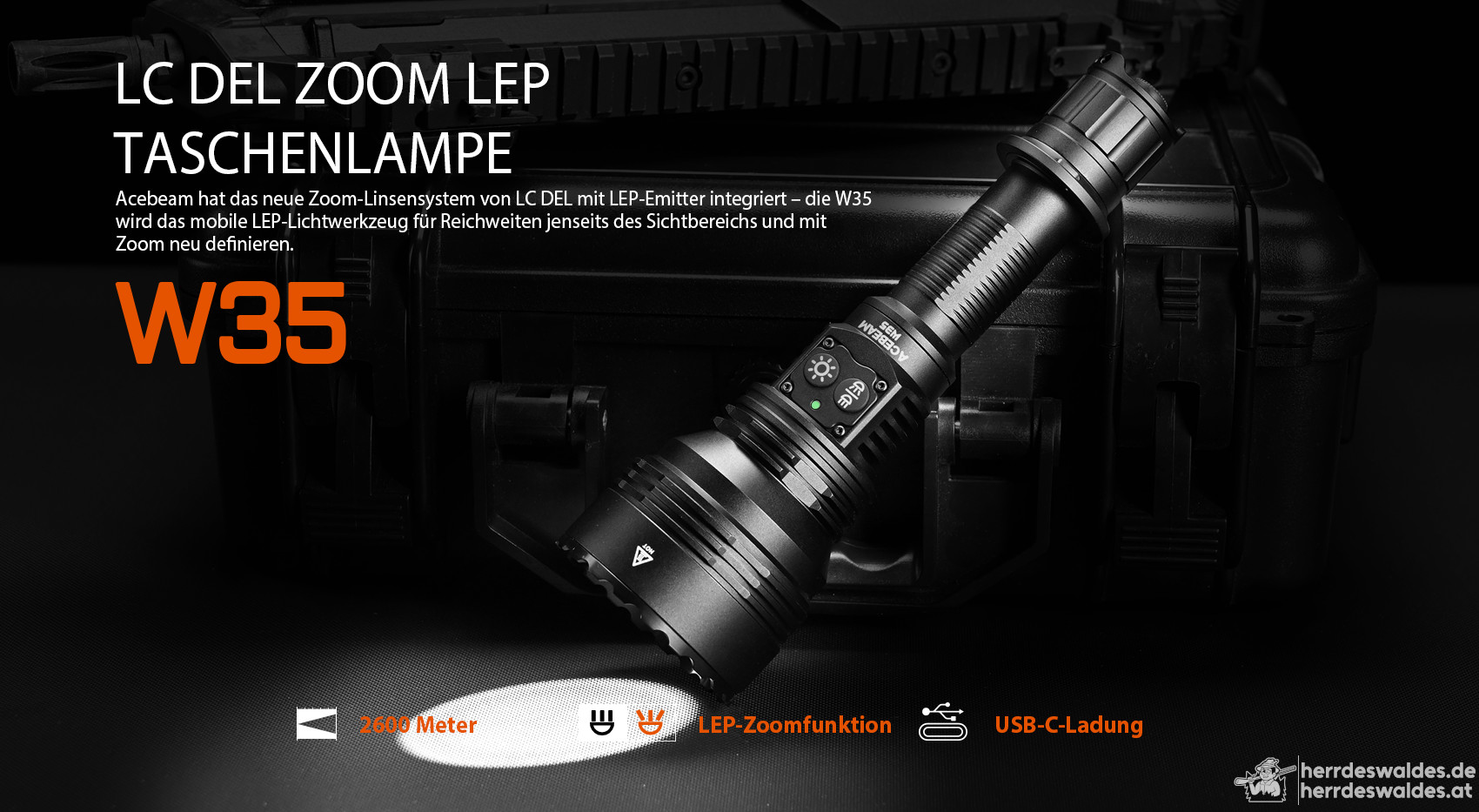 AceBeam W35, 800 lm – Jagd-LEP-Taschenlampe mit Zoom, Schwarz