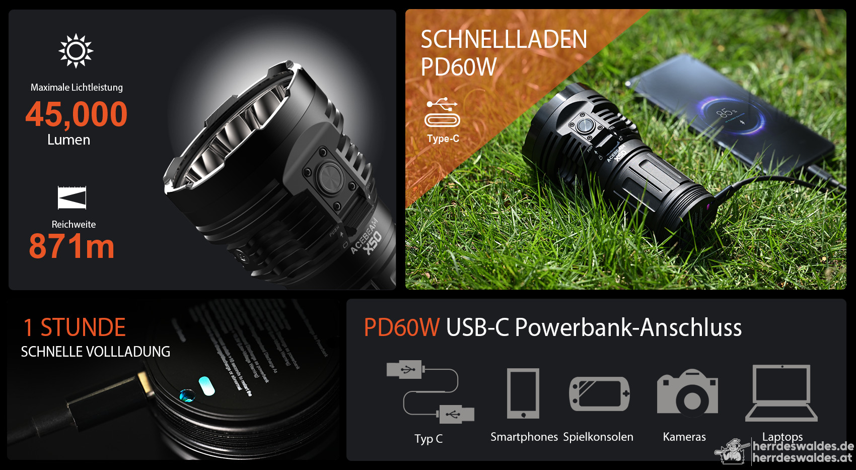 AceBeam X50 2.0, 45000 lm, Schwarz – LED-Taschenlampe