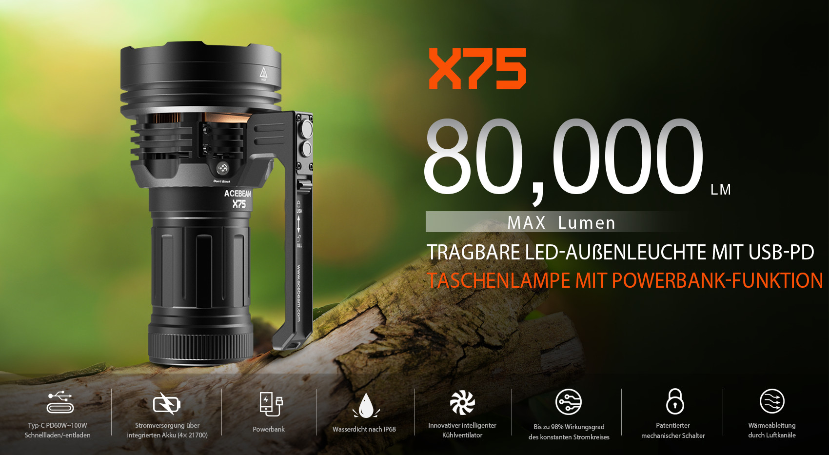 AceBeam X75, 80000 lm, Schwarz – LED-Taschenlampe