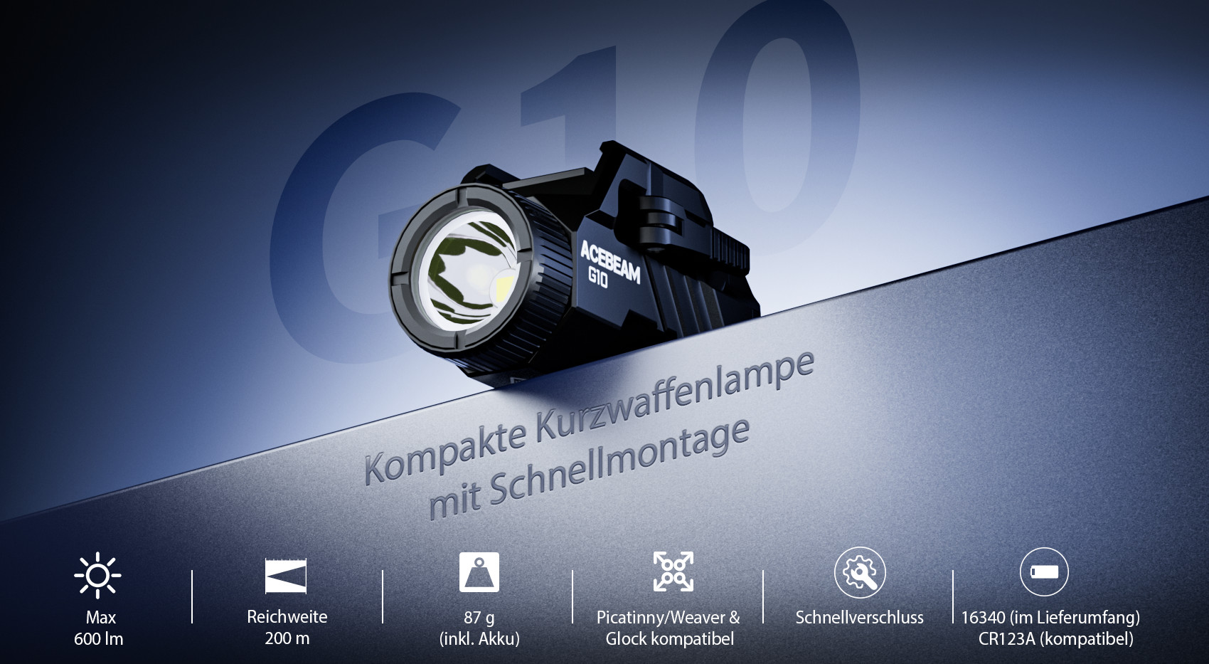 AceBeam G10, 600 lm, schwarz – LED-Taschenlampe für Picatinny/Weaver-Schiene, Schnellspannmontage