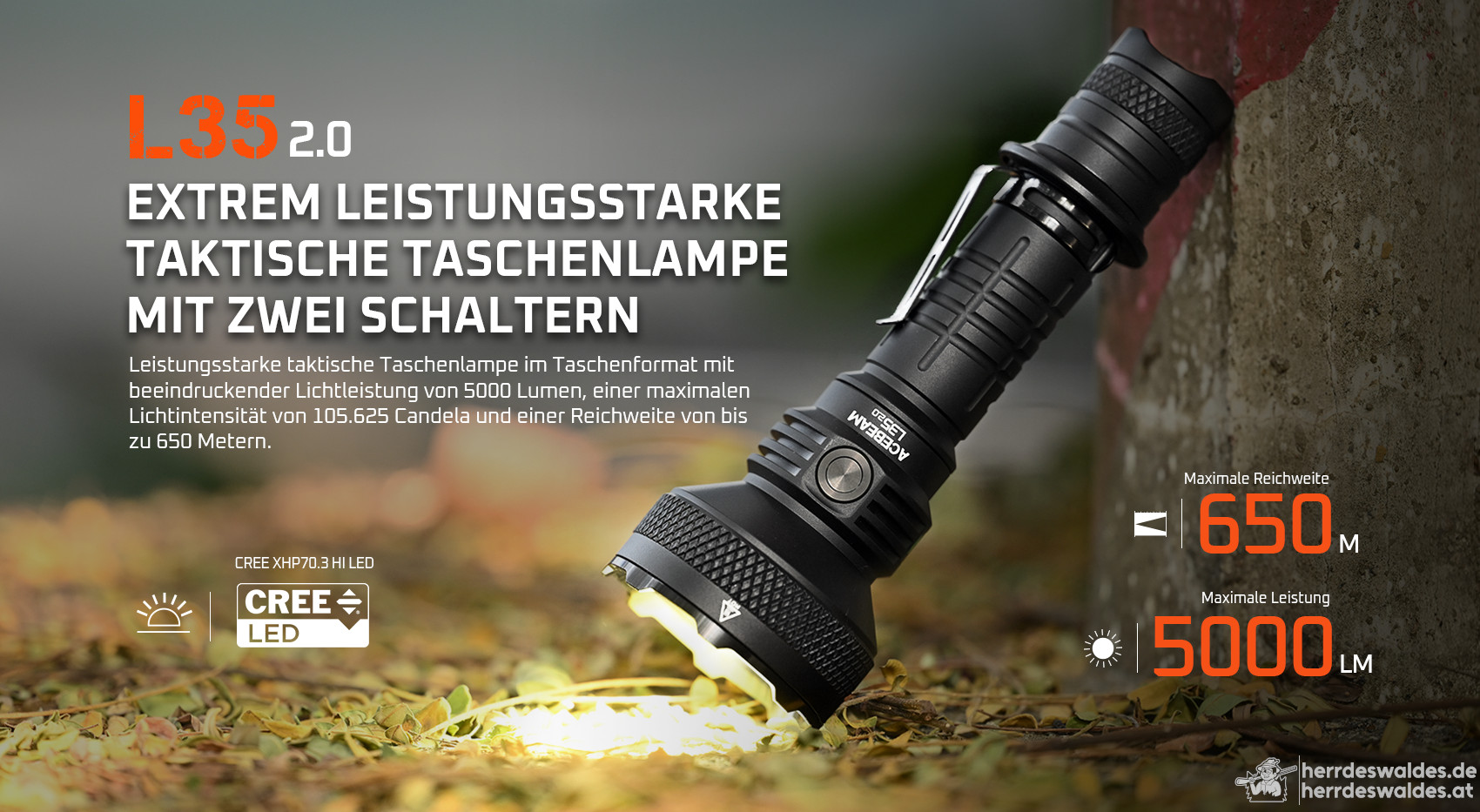 AceBeam L35 2.0, 5000 lm, schwarz – Taktische LED-Taschenlampe, Schwarz