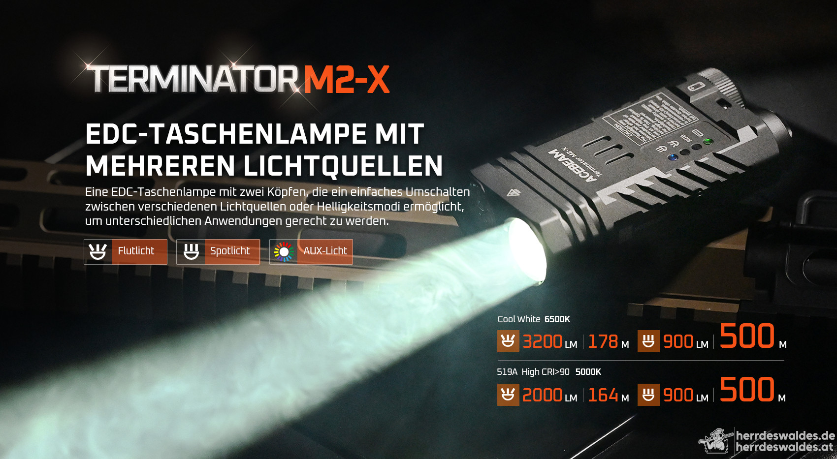 AceBeam Terminator M2-X, 3200 lm, grün - LED Dual-Taschenlampe mit Spot-Reflektor