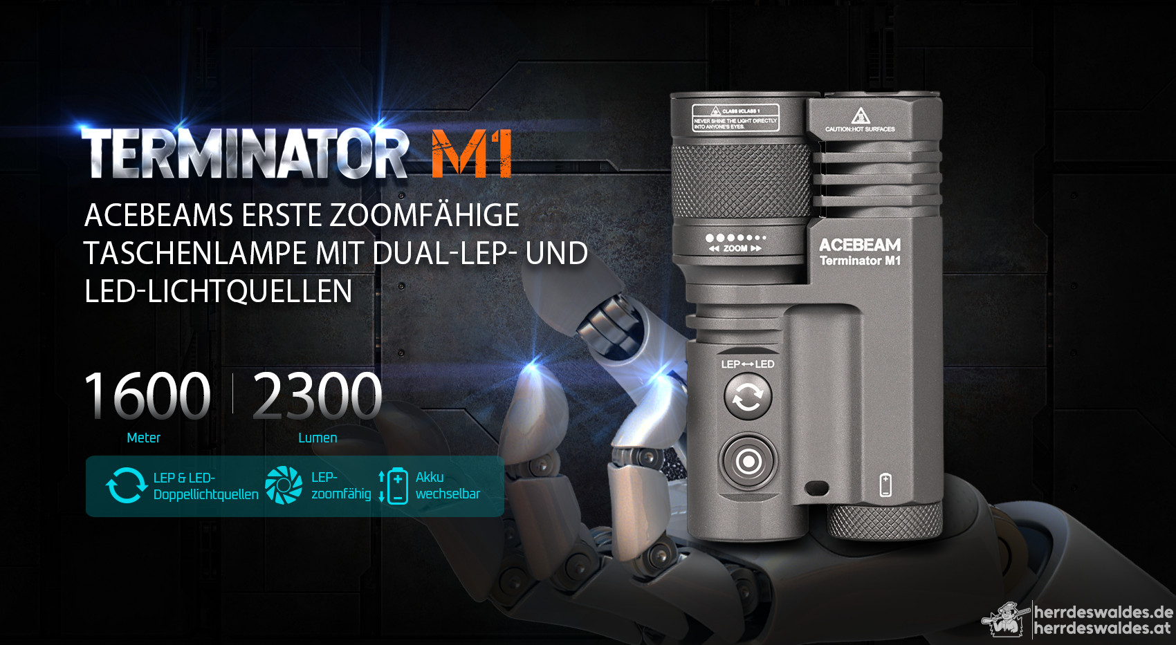 AceBeam Terminator M1, 2300 lm, CRI90, MAO – LEP- und LED-Taschenlampe mit Zoom