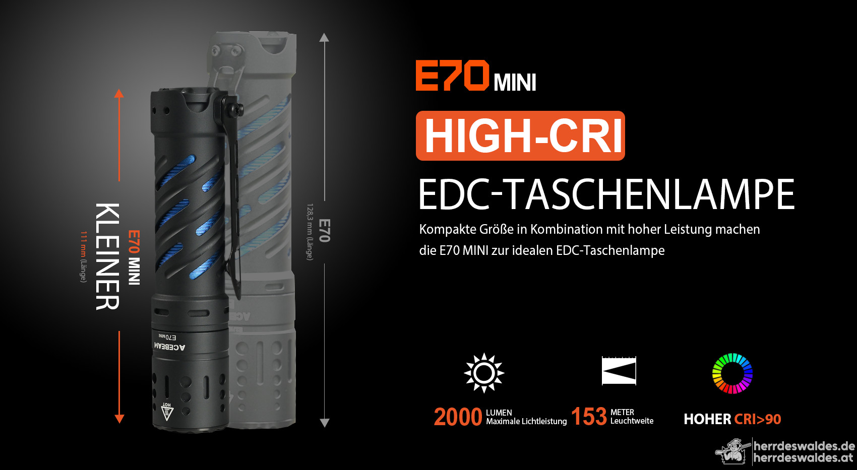 AceBeam E70 Mini AL, 2000 lm, CRI90 – Kompakte LED-Taschenlampe, Schwarz