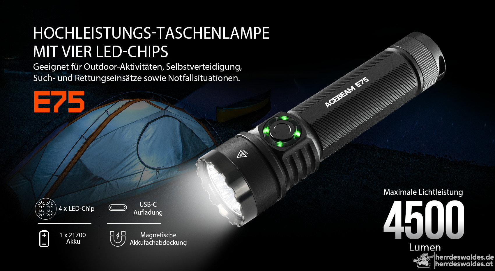 AceBeam E75, 4500 lm, Schwarz – Taktische LED-Taschenlampe