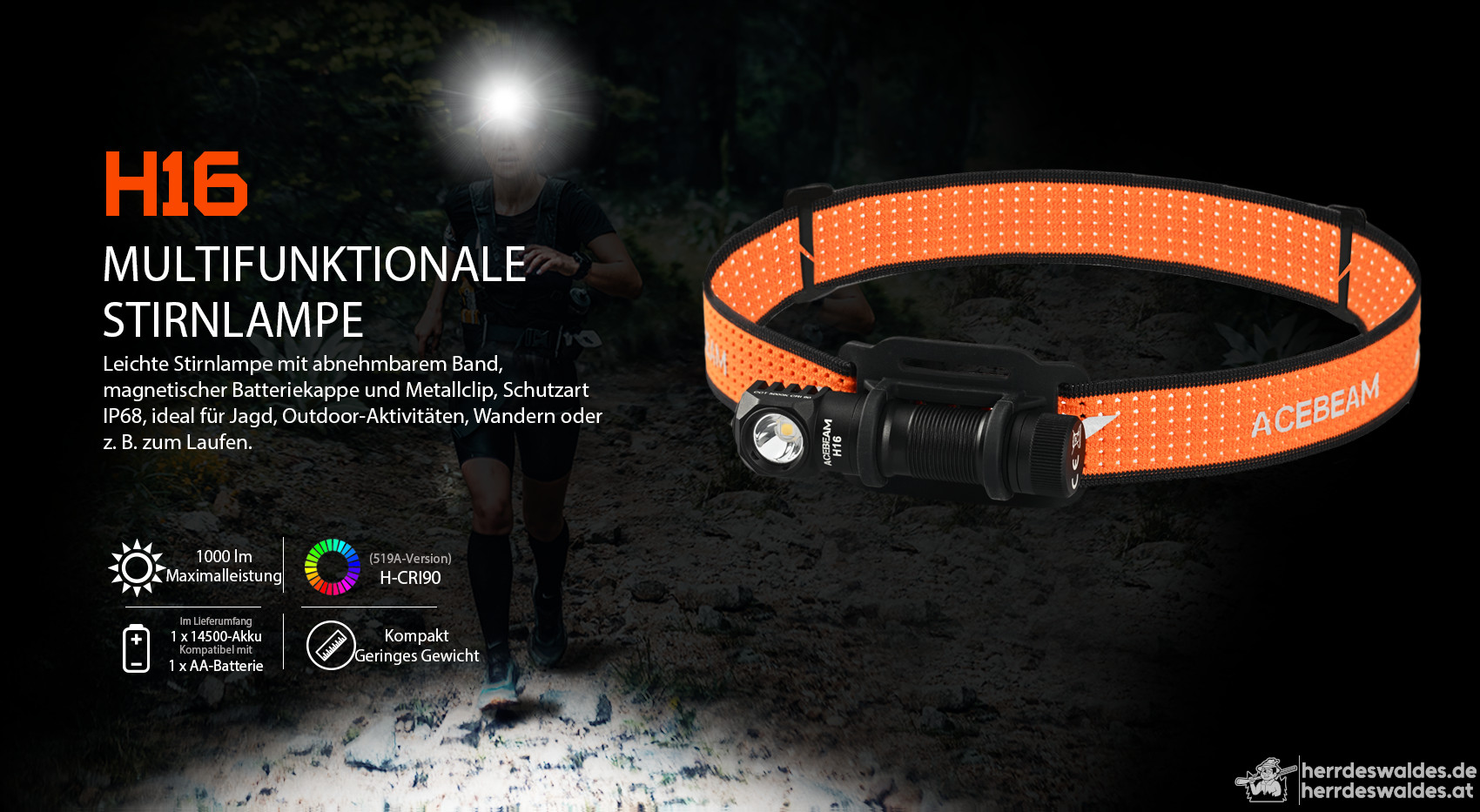 AceBeam H16, 1000 lm, grau - LED-Stirnlampe, grau