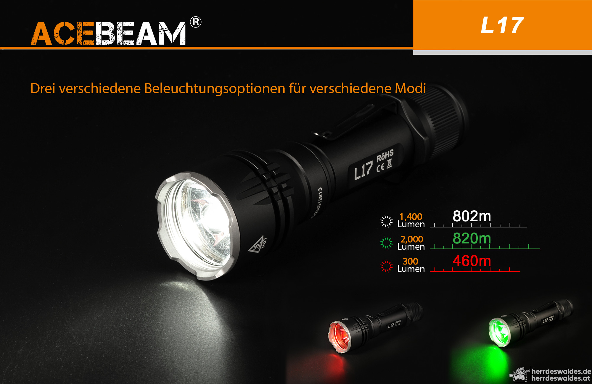 AceBeam L17, 1400 lm – Jagd-LED-Taschenlampe, Schwarz