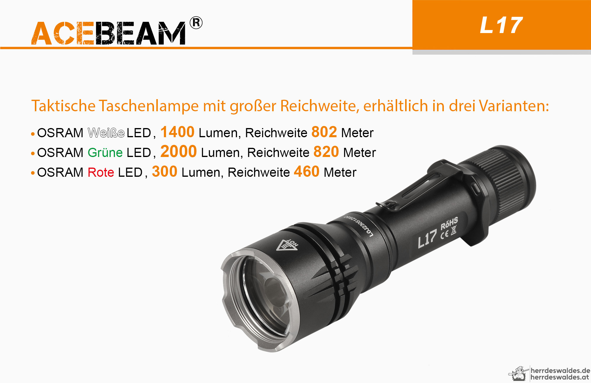 AceBeam L17, 1400 lm – Jagd-LED-Taschenlampe, Schwarz