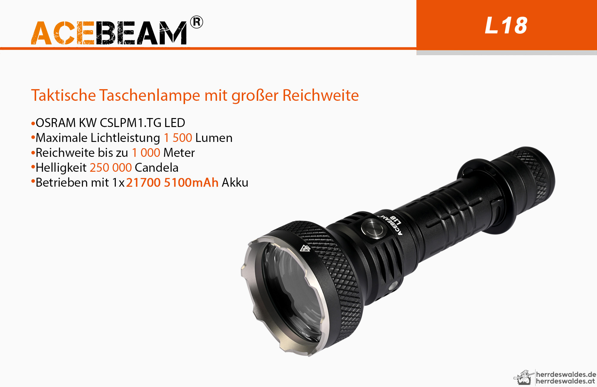 AceBeam L18, 1500 lm – Jagd-LED-Taschenlampe, Schwarz