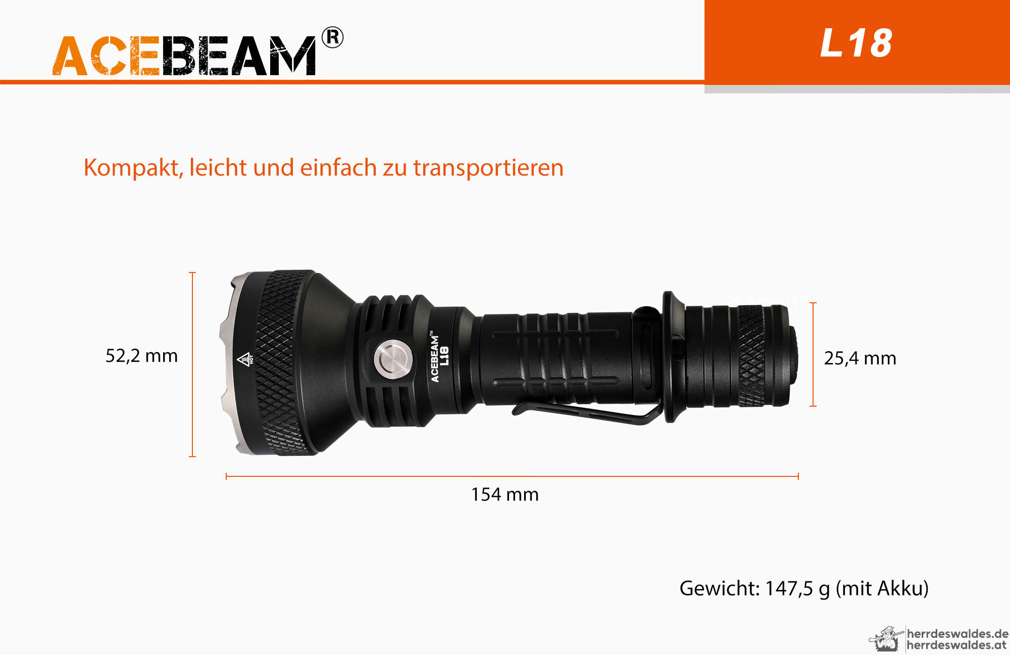 AceBeam L18, 1500 lm – Jagd-LED-Taschenlampe, Schwarz